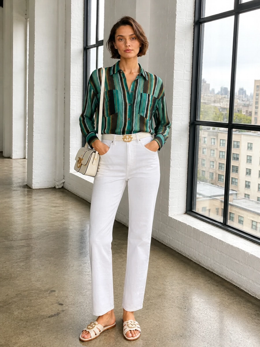 Pinko striped shirt white jeans cream sandals
