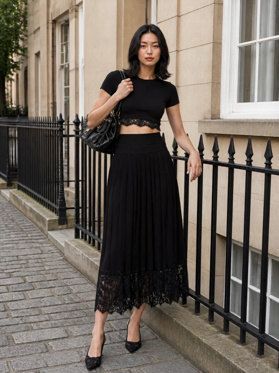 Dolce gabbana black lace tee midi skirt outfit