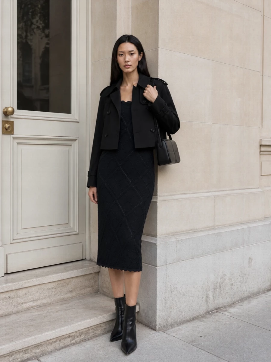 Burberry cropped trench navy midi dress outfit