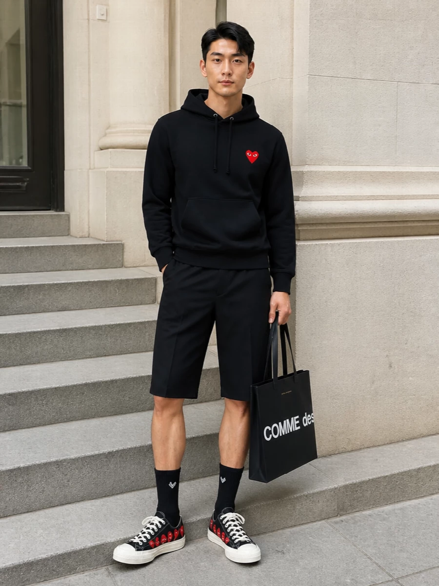 Cdg play hoodie black tailored shorts sneakers