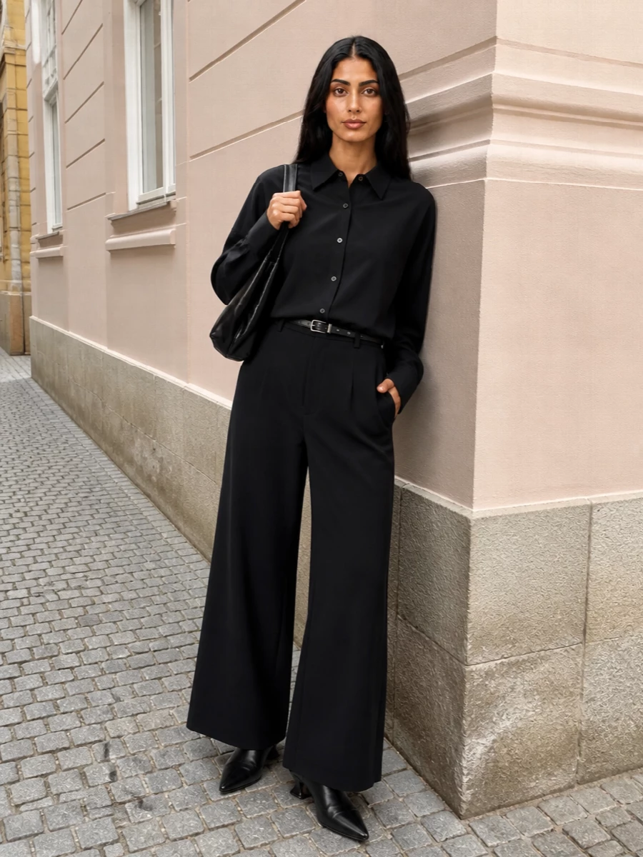 Dries van noten wide leg trousers black shirt