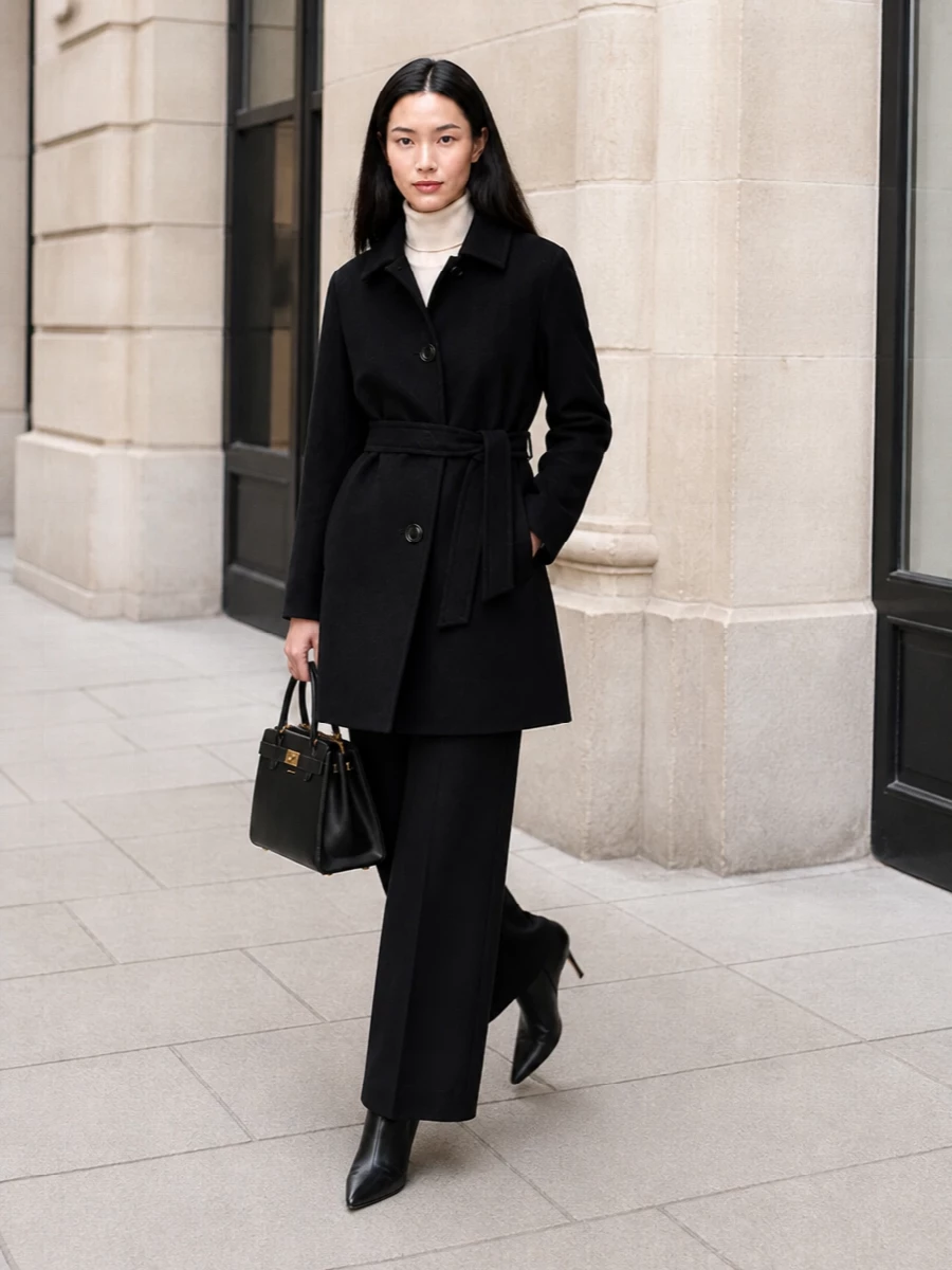 Max mara black coat ivory turtleneck outfit