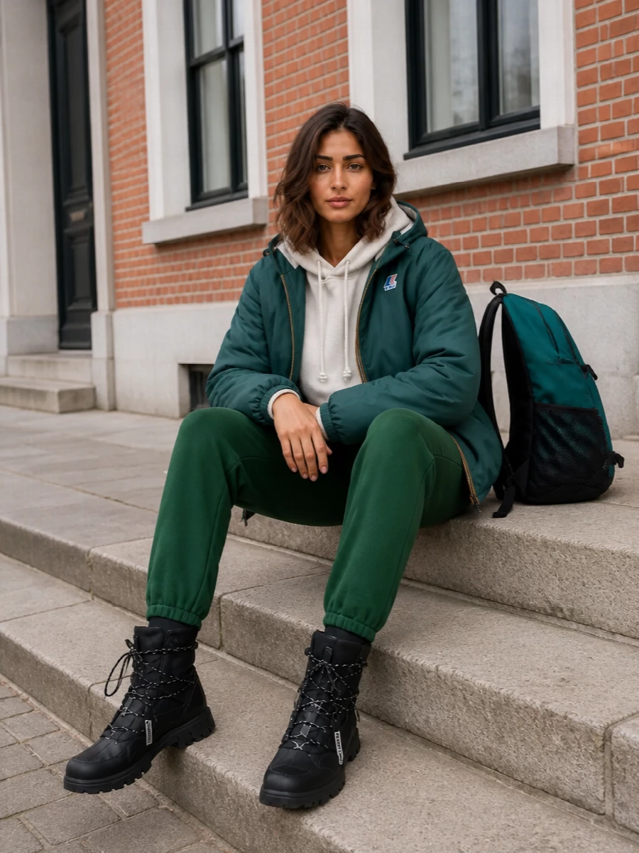 K way parka green joggers ugg snow boots