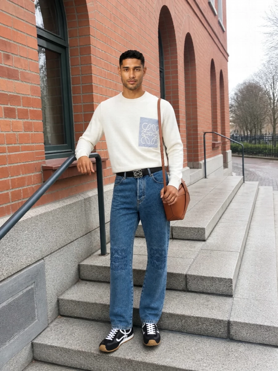 Loewe denim ivory sweatshirt sneakers outfit