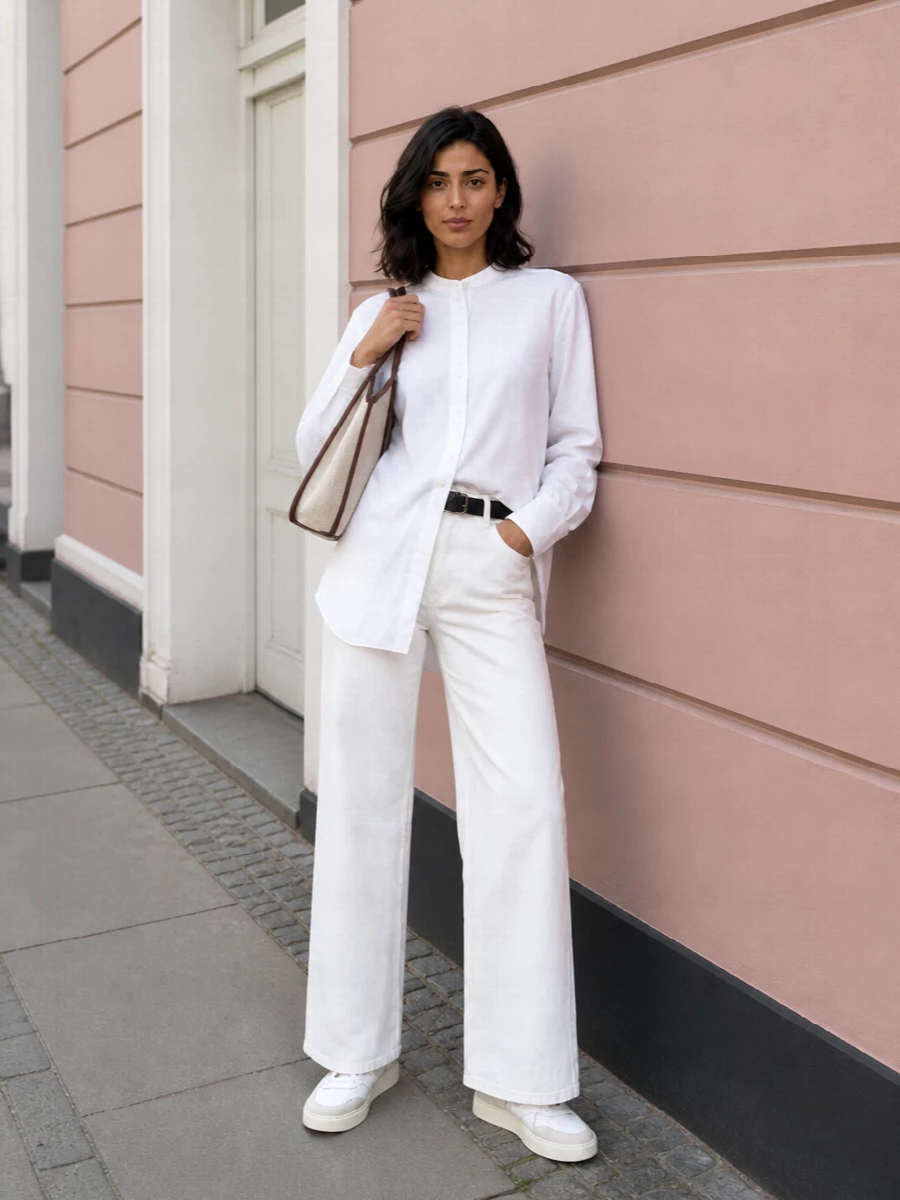 Soft white wide-leg denim is paired with a long-line white shirt for a clean, easy column of light neutrals. Off-white sneakers keep the mood relaxed, while a structured ivory-and-brown shoulder bag and a slim black belt add just enough definition and contrast. The result is a quiet, modern streetwear take on jeans and a shirt that feels sharp without trying too hard.