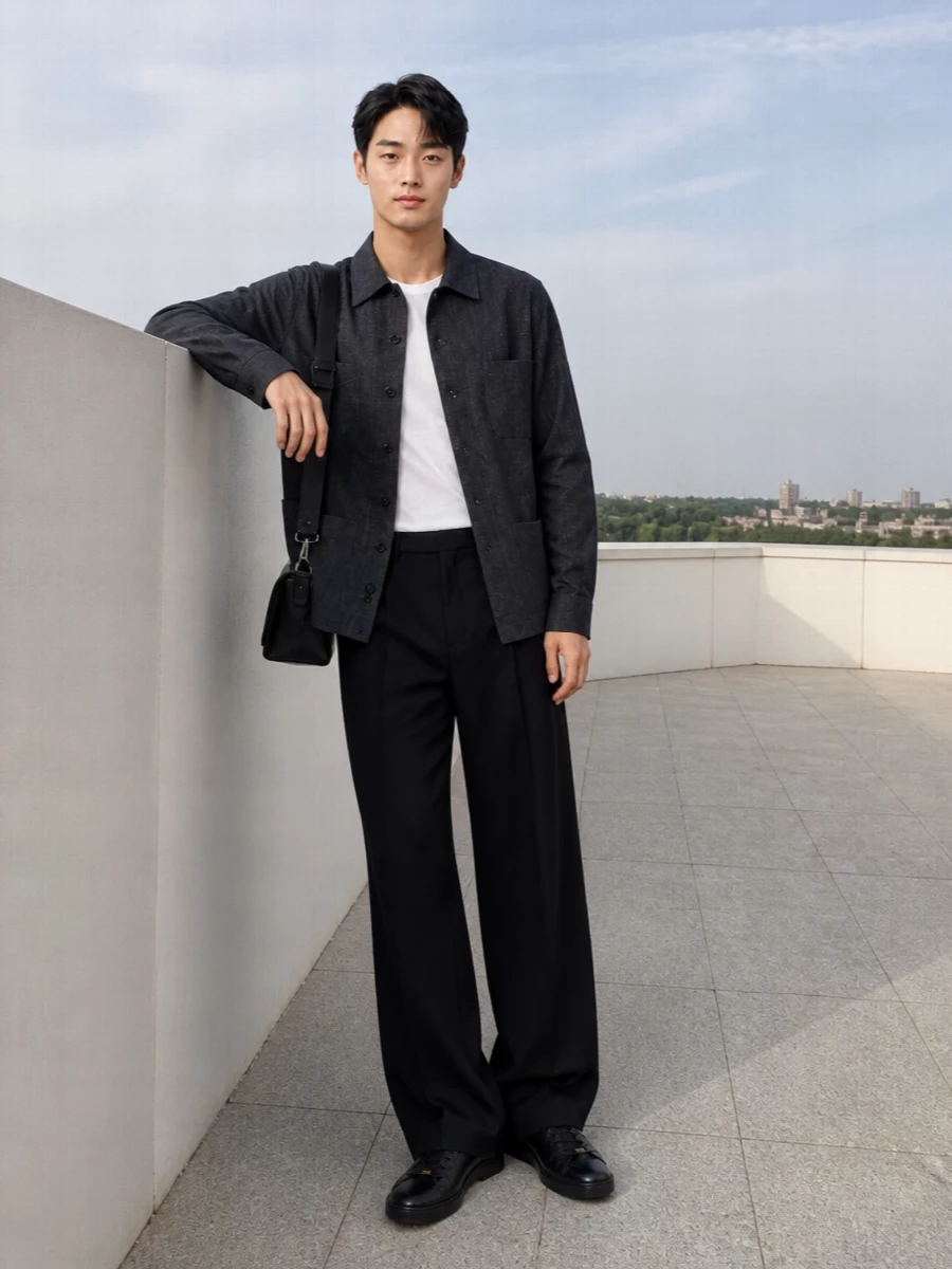 A charcoal workwear-inspired overshirt sits over sharply pleated black wide-leg trousers for a quiet, architectural take on city dressing. All-black leather accessories and sneakers keep the line clean and modern, letting subtle texture and proportion do the work. The result is relaxed but composed, ideal for long days that move between studio, office and dinner.