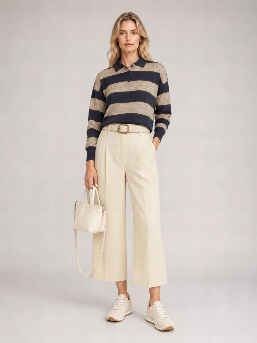 Brunello Cucinelli Wool Cashmere Silk Striped Cropped Long-Sleeve Polo Top