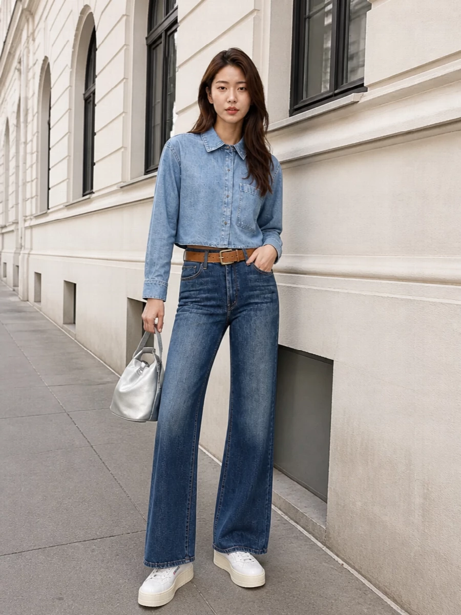 High-rise wide-leg denim is paired with a cropped shirt in a softer blue, so the double denim feels intentional and airy rather than heavy. A tan belt and off-white platform sneakers warm and lighten the palette, while a small silver bucket bag adds a modern, polished twist. The result is relaxed, leg-lengthening and easy to wear from coffee runs to casual dinners.