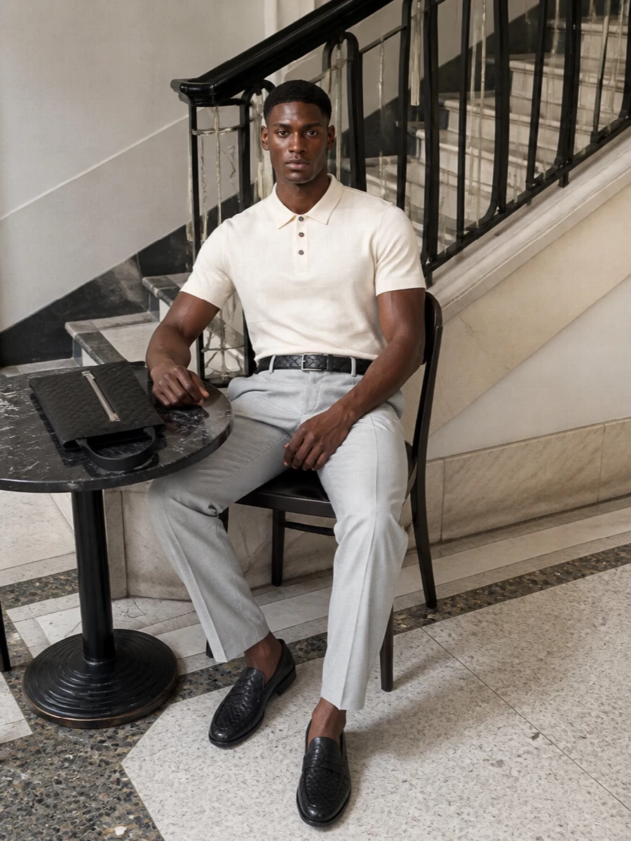 Bottega veneta grey trousers cream polo outfit