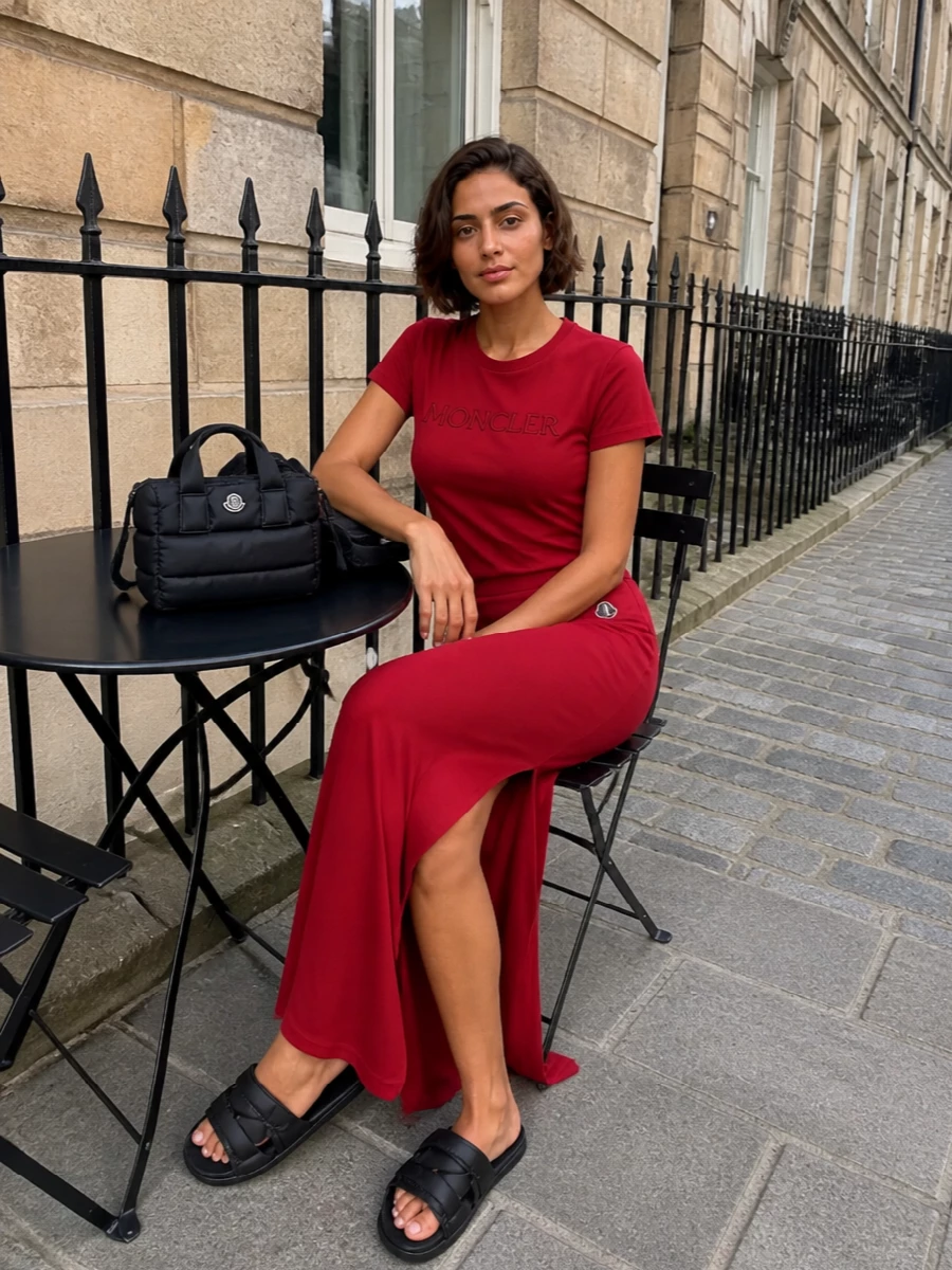 Crimson on crimson turns the Moncler tee and matching sport-maxi into a sleek column, with the slit keeping it fast and easy rather than formal. Black padded slides and a compact quilted crossbody sharpen the palette, tipping the whole outfit into urban sport mode. It is a confident, throw-on set that works from travel days to late city evenings without losing that clean, logo-driven punch.