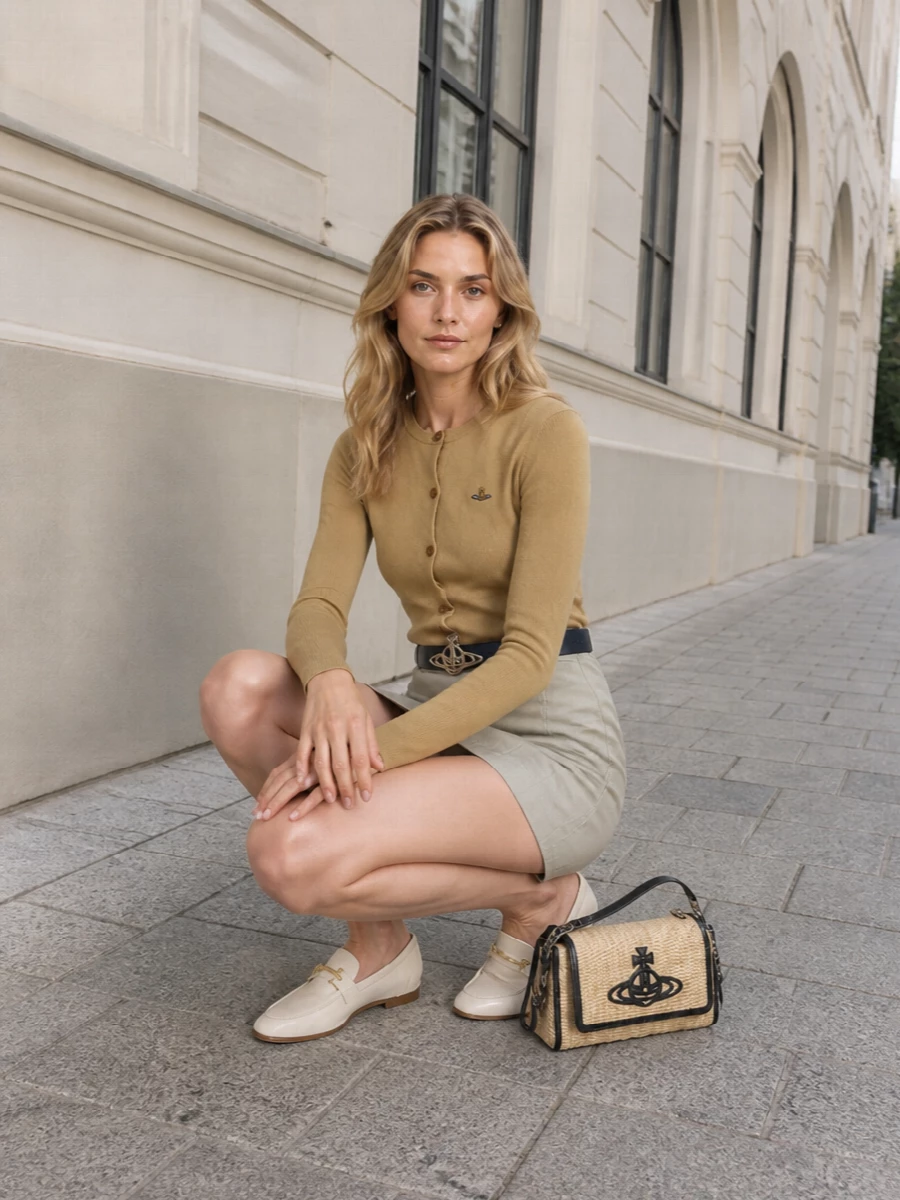Camel knit with pale sage tailoring feels softly collegiate, the high-waisted wrap mini keeping the proportions sharp and leggy. Ivory loafers and a raffia-structured bag keep it city-ready yet relaxed, with a navy Orb belt tying back to the cardigan’s subtle logo for a neat, branded finish. It is an easy warm-weather uniform for days when you want polish without stiffness.