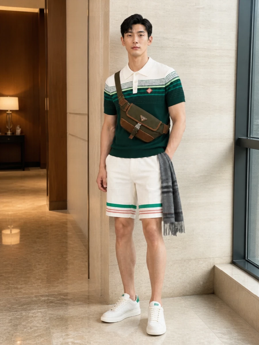Casablanca green polo ivory shorts outfit