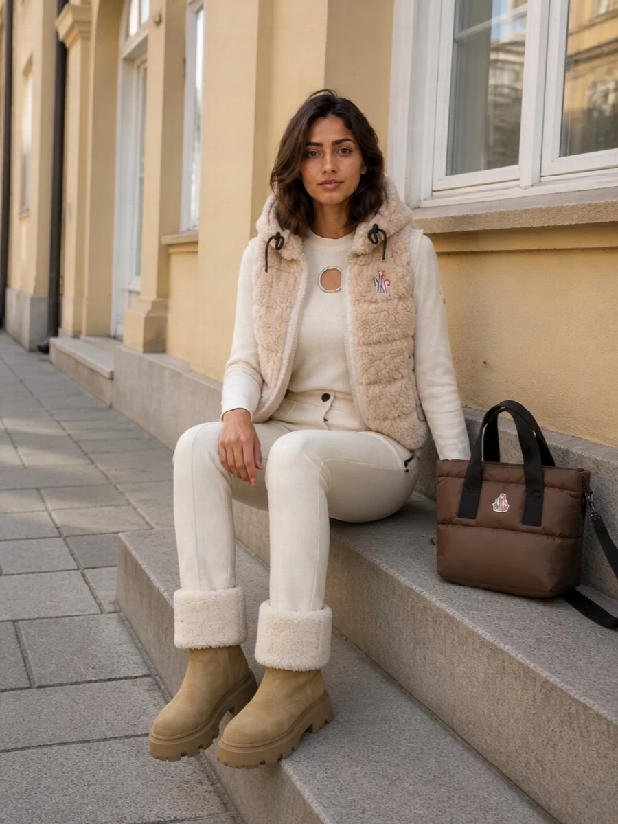 Moncler grenoble shearling gilet cream ski pants