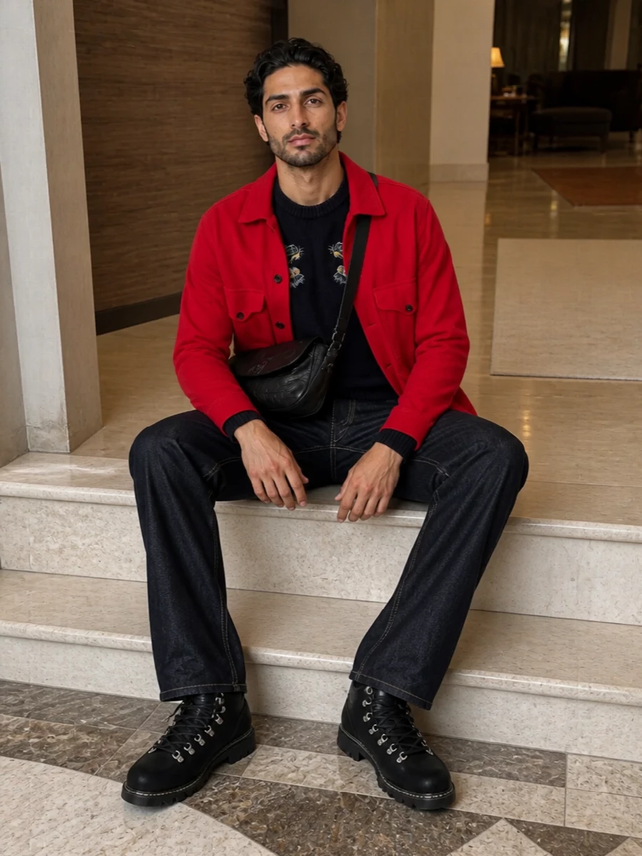 Junya watanabe red jacket dark denim boots