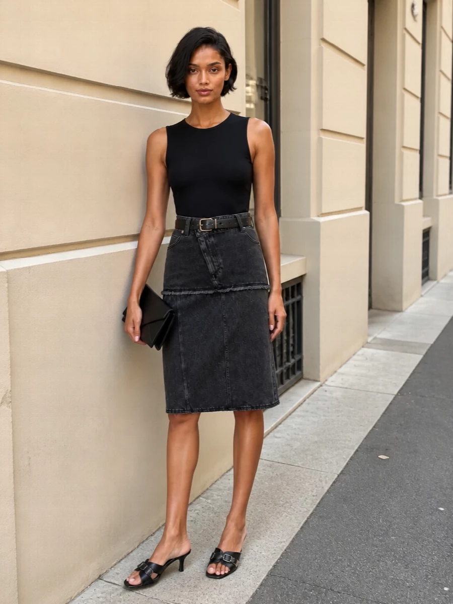 Mcqueen denim skirt black bodysuit outfit