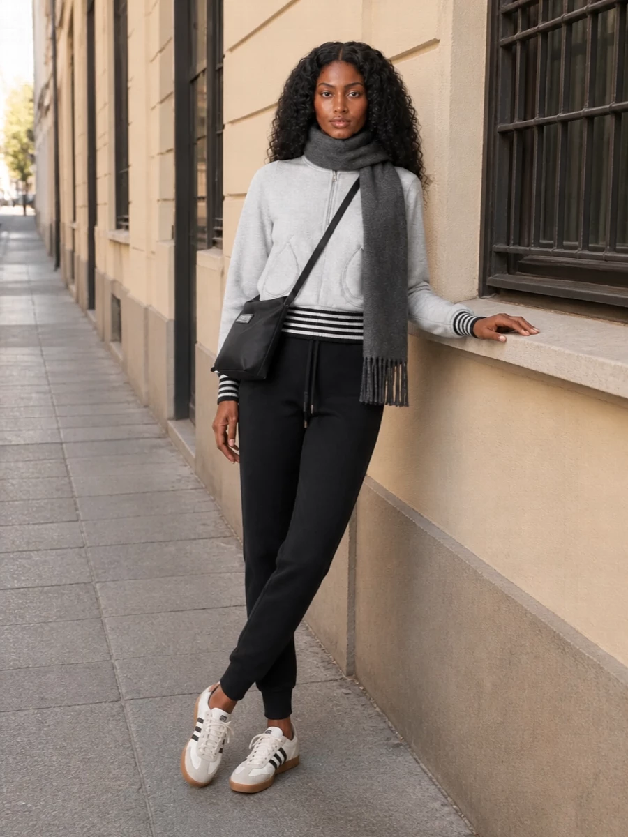 Heather grey on top and slim black through the leg keep this Gimaguas set clean, sporty and easy to wear all day. Retro off white Adidas trainers bring a crisp graphic hit at the floor, with the MM6 cross-body and charcoal scarf adding just enough city attitude without cluttering the lines.