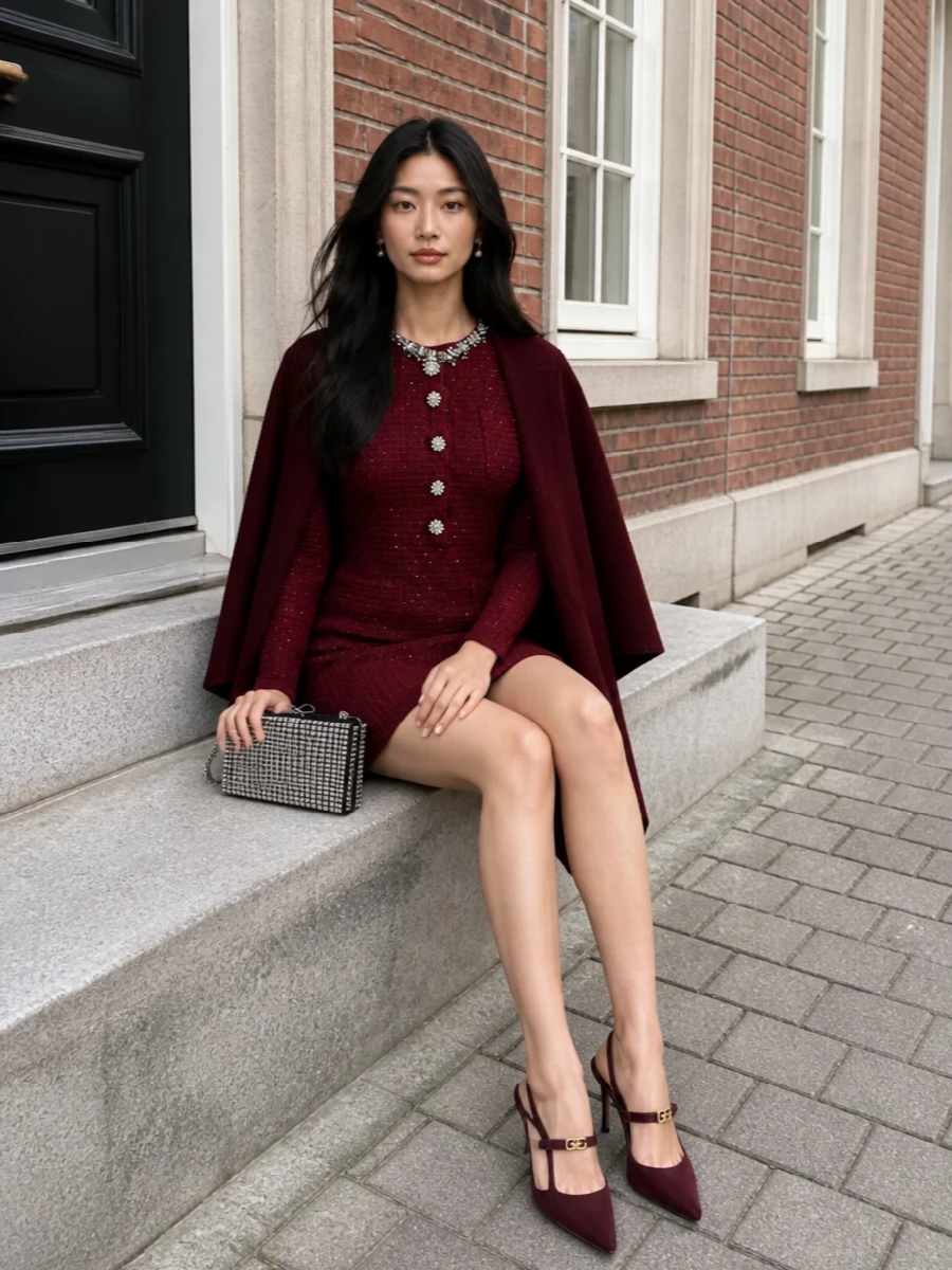 Self portrait burgundy tweed mini dress cocktail