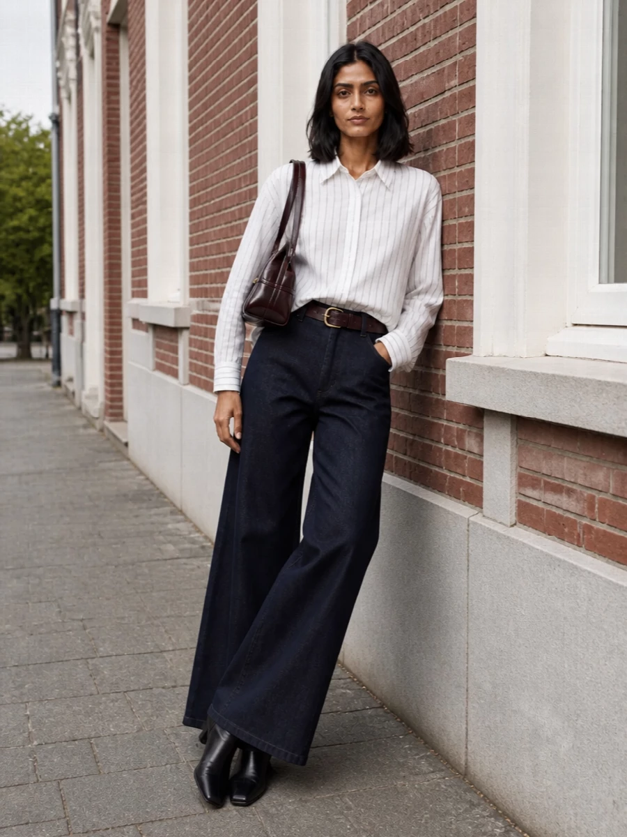 Dries van noten wide leg jeans pinstripe shirt