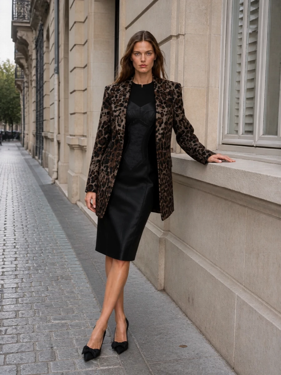 I’m taking the dress route here, using the black corseted knee-length dress as a sleek canvas to let the leopard blazer own the statement. The result is unapologetically Dolce&Gabbana cocktail dressing: strong shoulders, a sculpted hourglass line, and pure black accessories to keep the focus on texture and cut rather than extra pattern. It is a confident, after-dark ensemble that reads powerful, sensual, and impeccably composed for cold-season evenings.