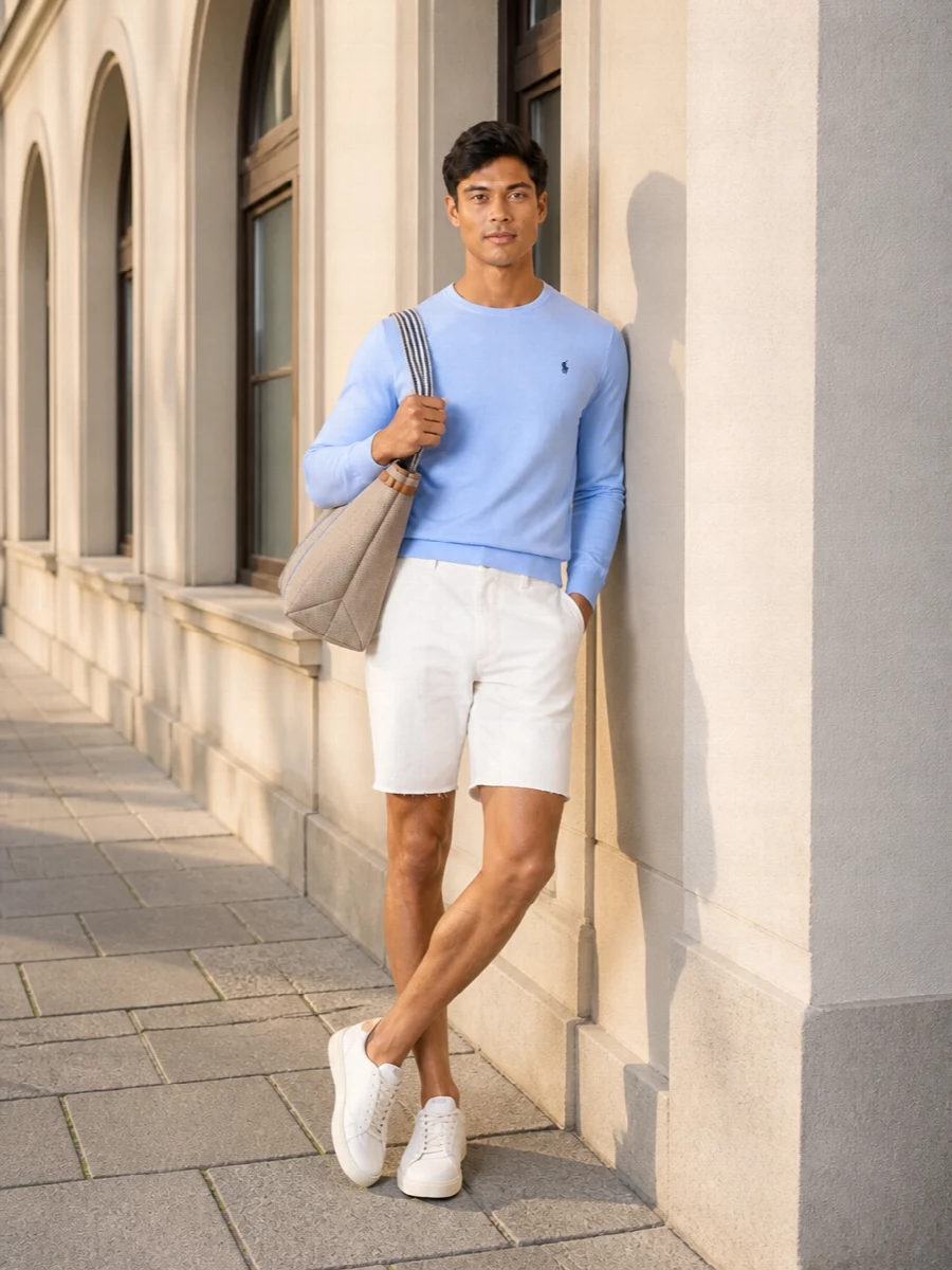 Polo ralph lauren blue sweater white shorts outfit