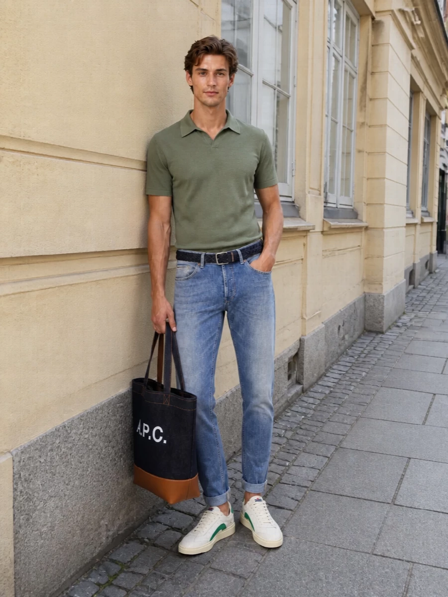 Dondup jeans sage polo retro sneakers outfit