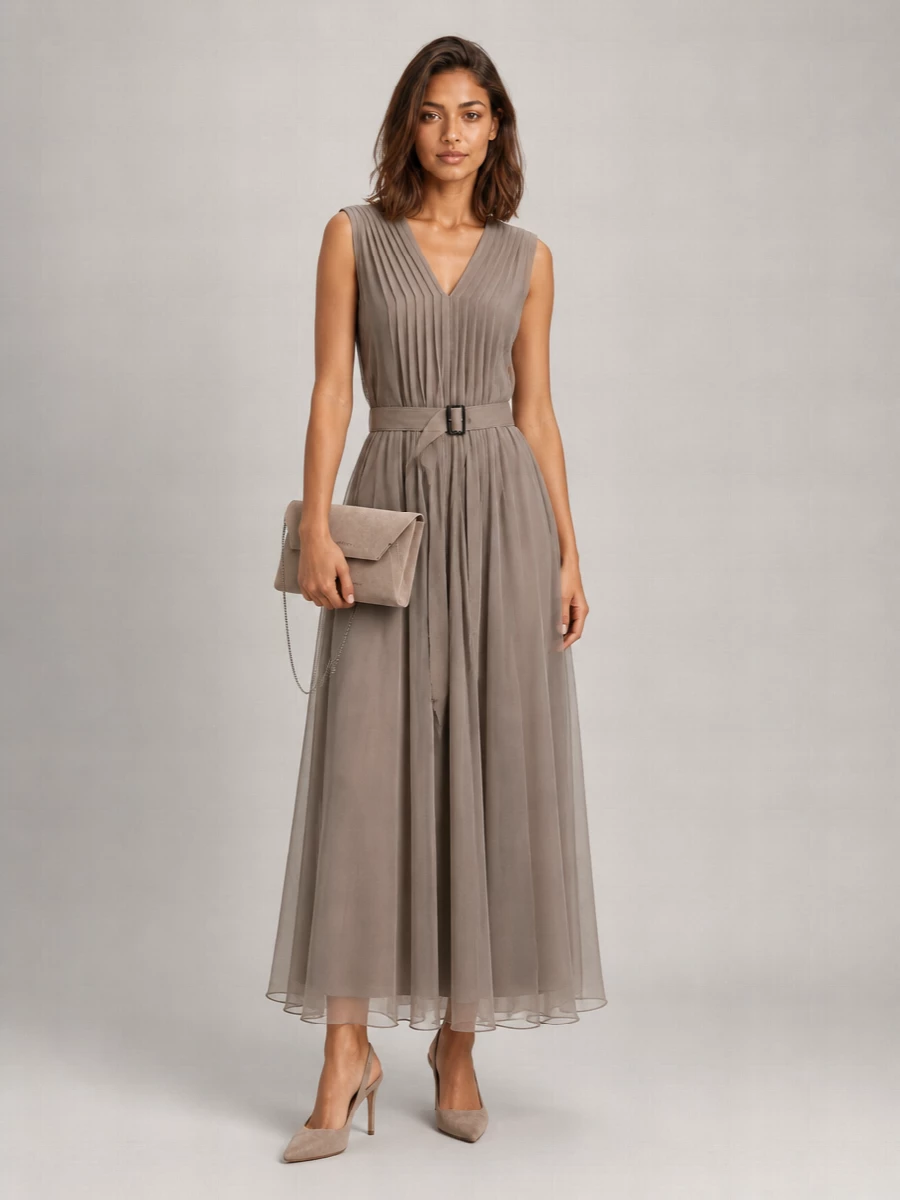 Brunello Cucinelli Silk Sleeveless V-Neck Pleated Maxi Dress