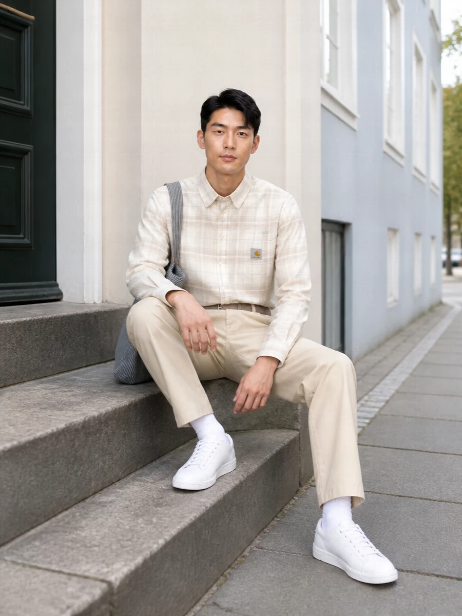 Carhartt wip beige chinos cream plaid shirt outfit