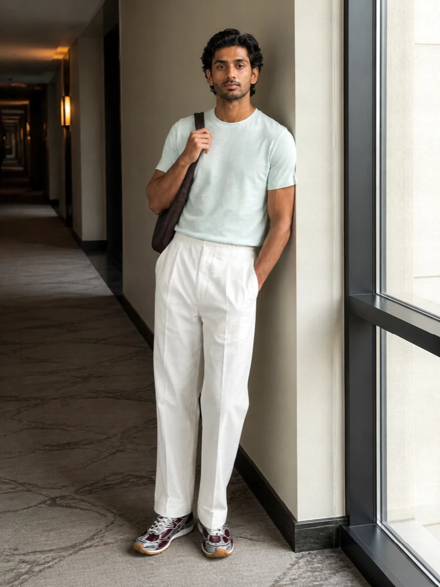 Bottega veneta mint tee white trousers outfit