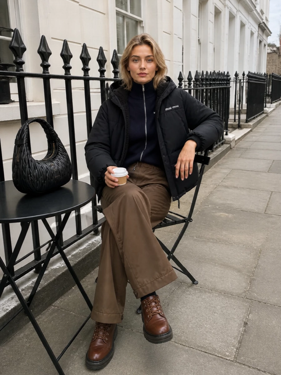 Miu miu navy puffer technical pants outfit