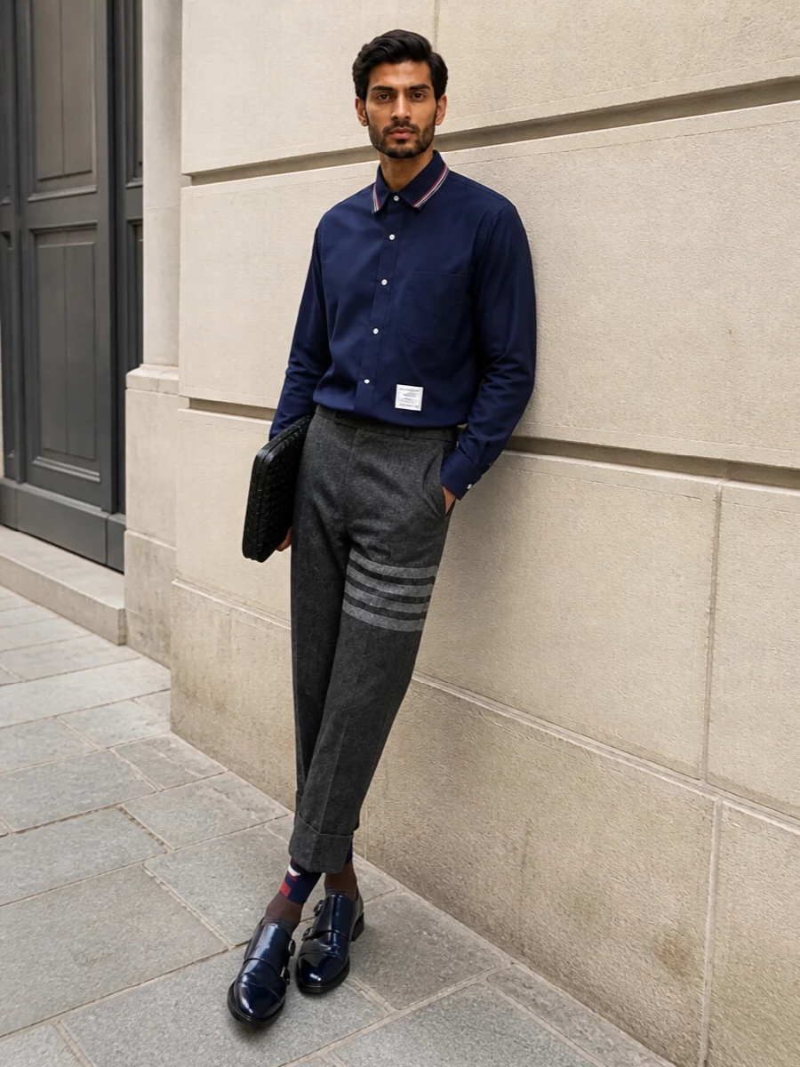 Thom browne navy shirt grey cropped trousers outfit