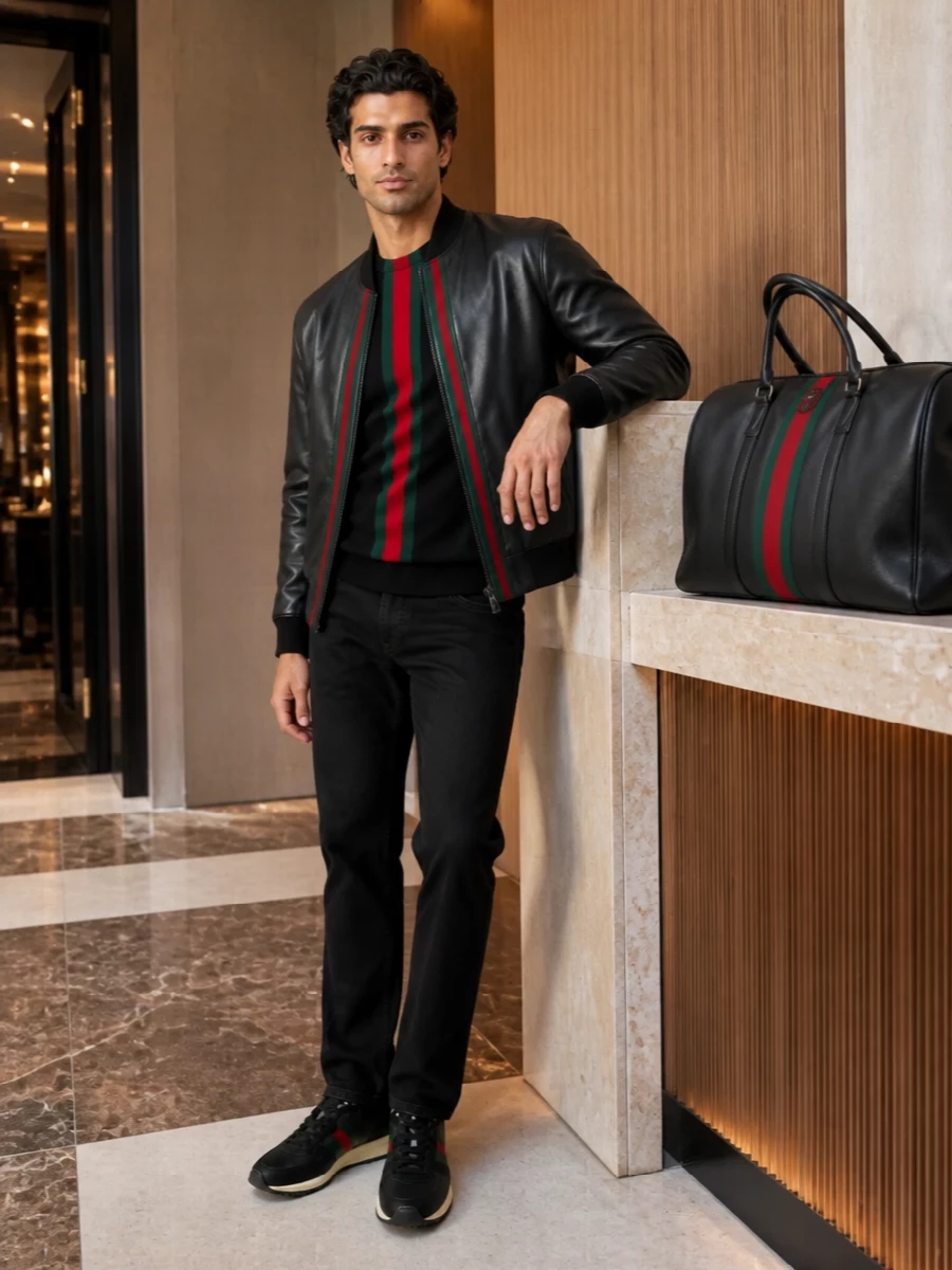 Gucci leather bomber black jeans runners