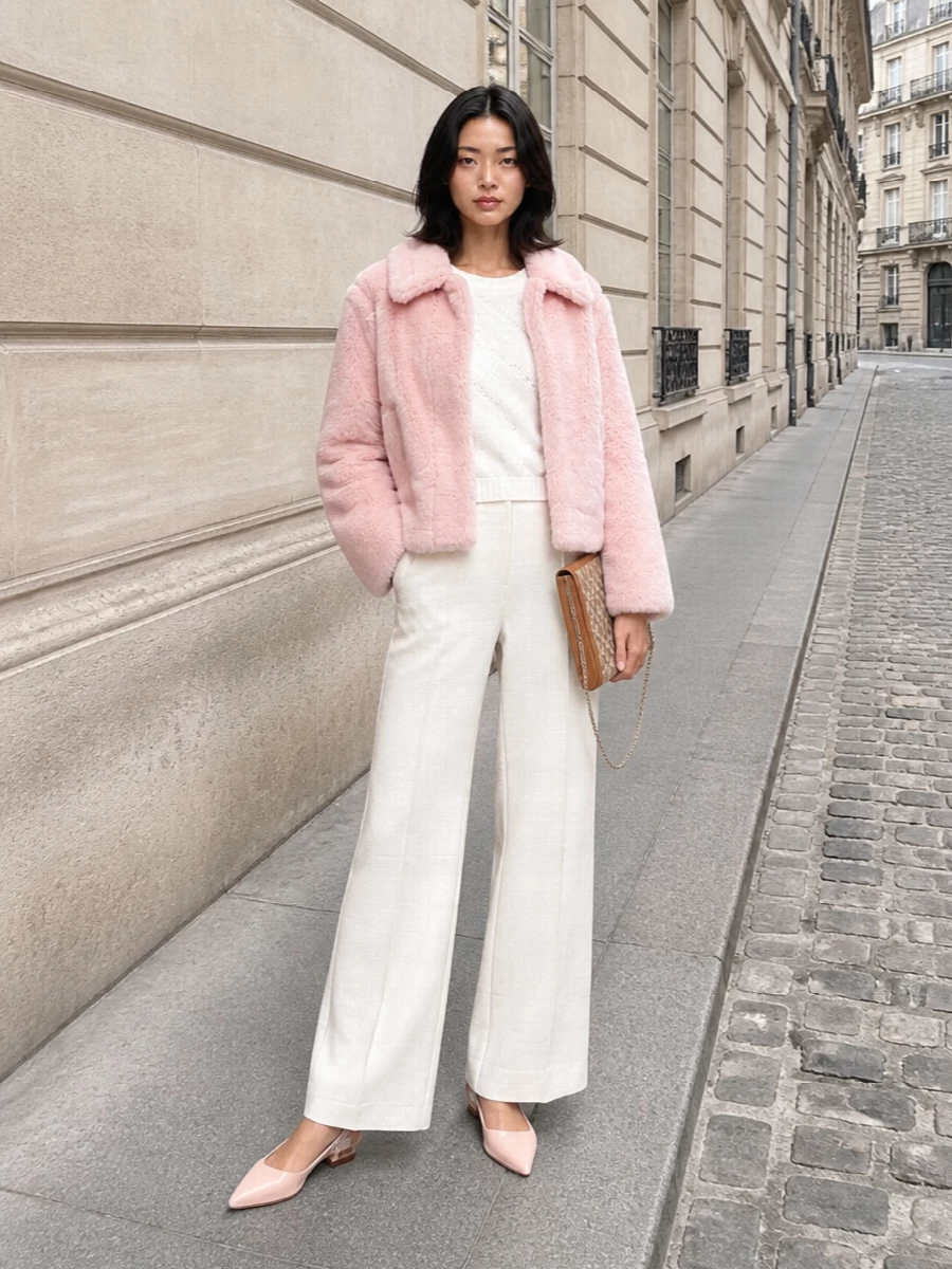 Max mara blush faux fur jacket ivory wide leg