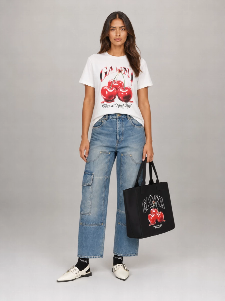 Ganni Cherry Graphic Print Crew Neck T-Shirt