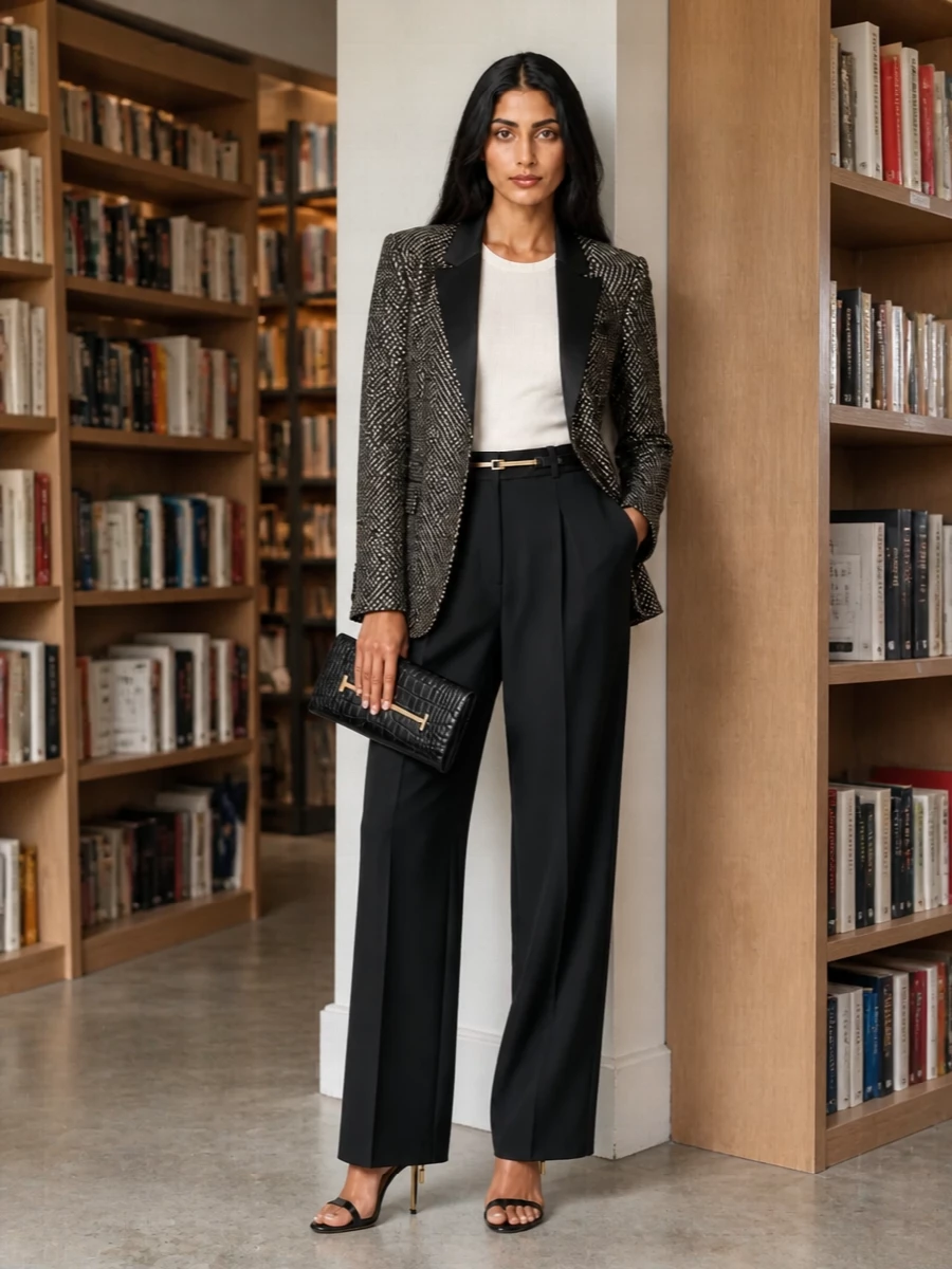 Tom ford sequin blazer black wide leg trousers
