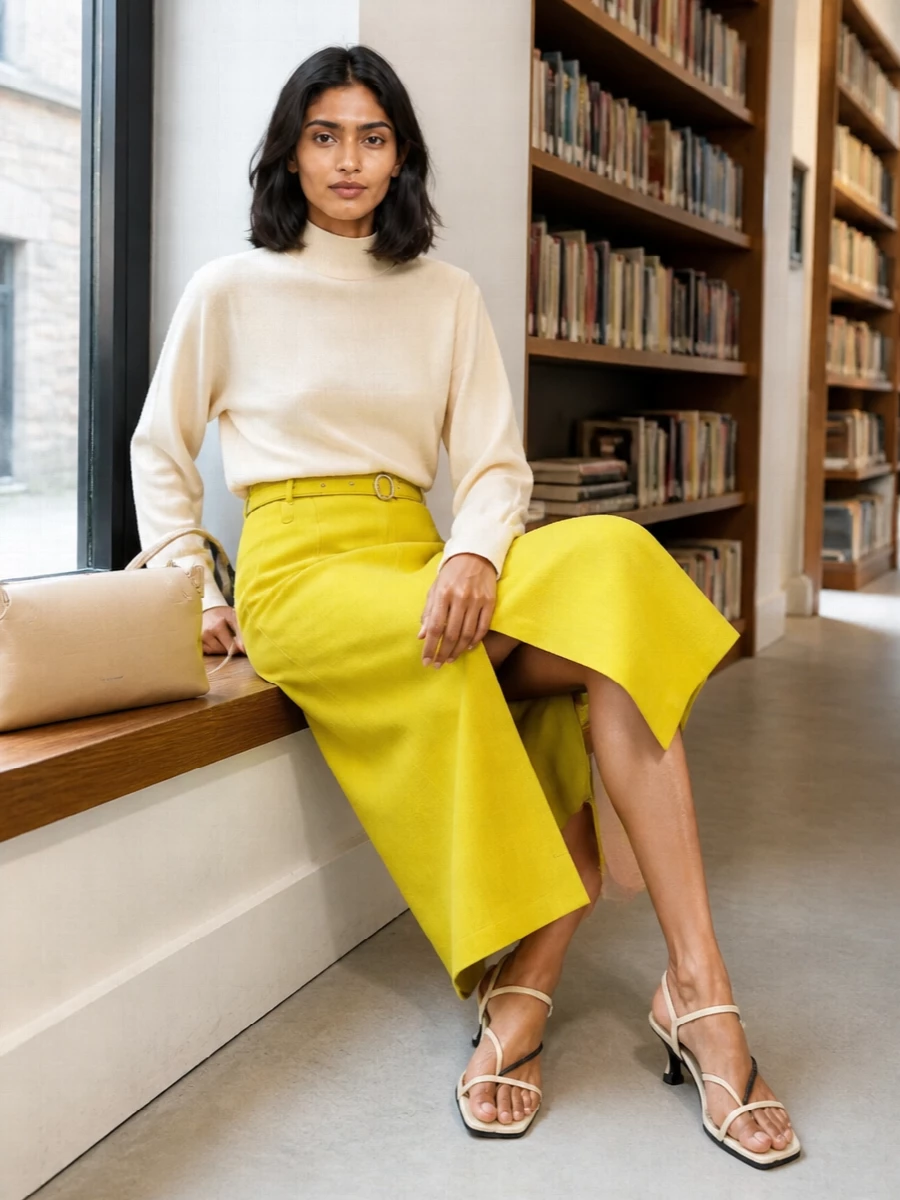 Jil sander yellow midi skirt cream blouse outfit