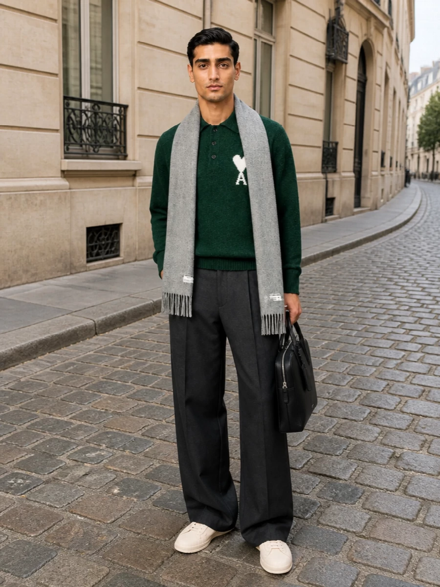 Ami paris green sweater charcoal trousers