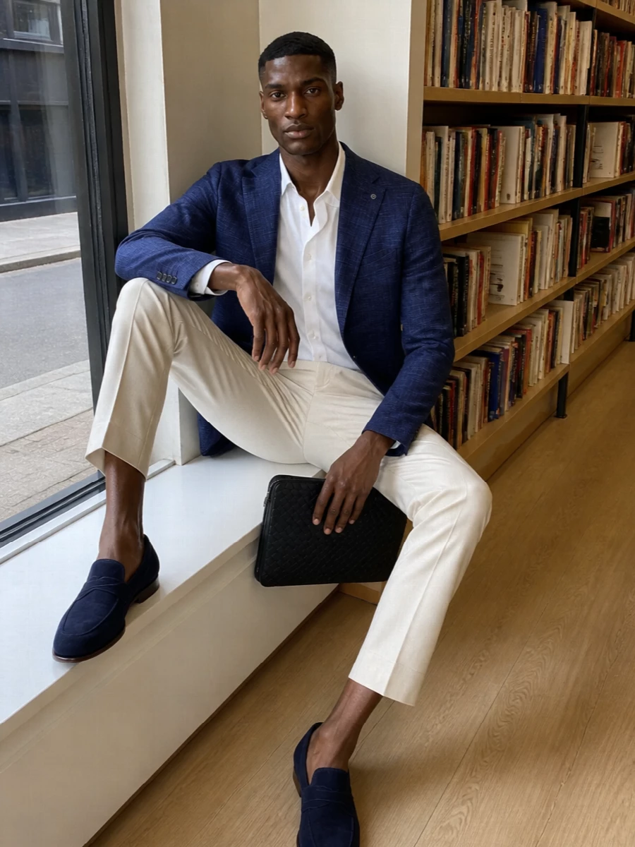 Tagliatore navy blazer beige trousers outfit