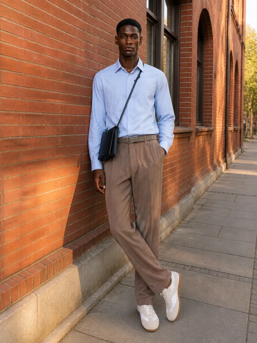Dries van noten pale blue shirt taupe trouser