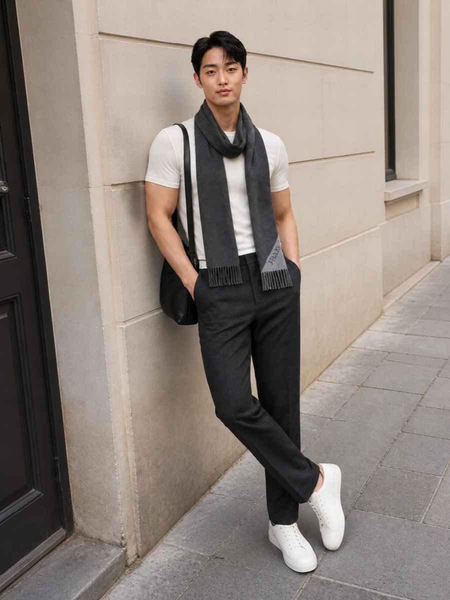 This look pairs the pure white Zegna tee with sharp Prada charcoal tailoring for a calm, modern contrast that feels refined yet effortless. Off-white Prada sneakers keep the palette soft and tonal, while the sleek black shoulder bag and charcoal scarf add just enough structure and depth to keep the ensemble city-ready and quietly luxurious. It’s an easy uniform for FW days when you want understatement with precision.