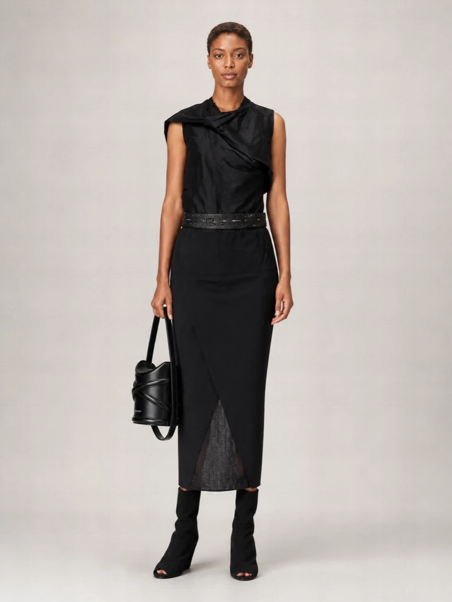 Rick Owens Wool Asymmetric Maxi Wrap Skirt