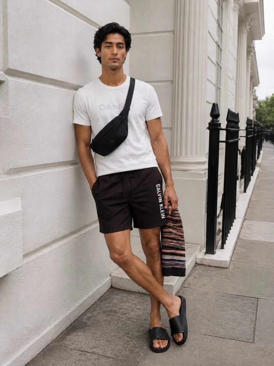 Calvin klein swim shorts white tee moncler slides
