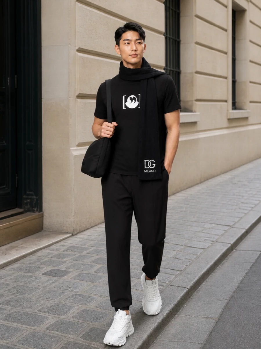 Moncler black logo t shirt track pants outfit