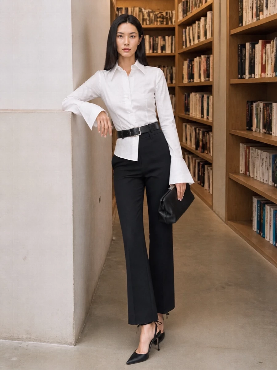 Attico black tailored trousers white shirt outfit