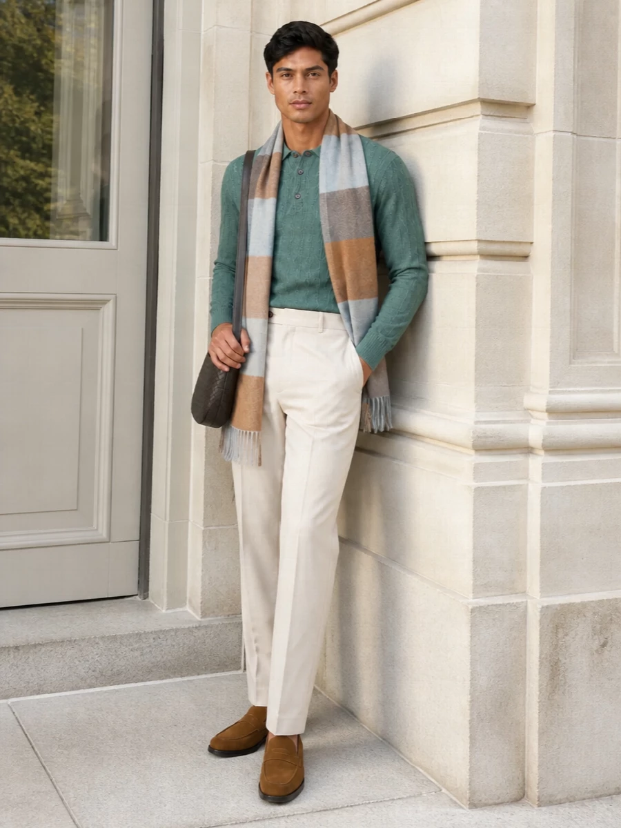 Etro sage polo cream trousers suede loafers