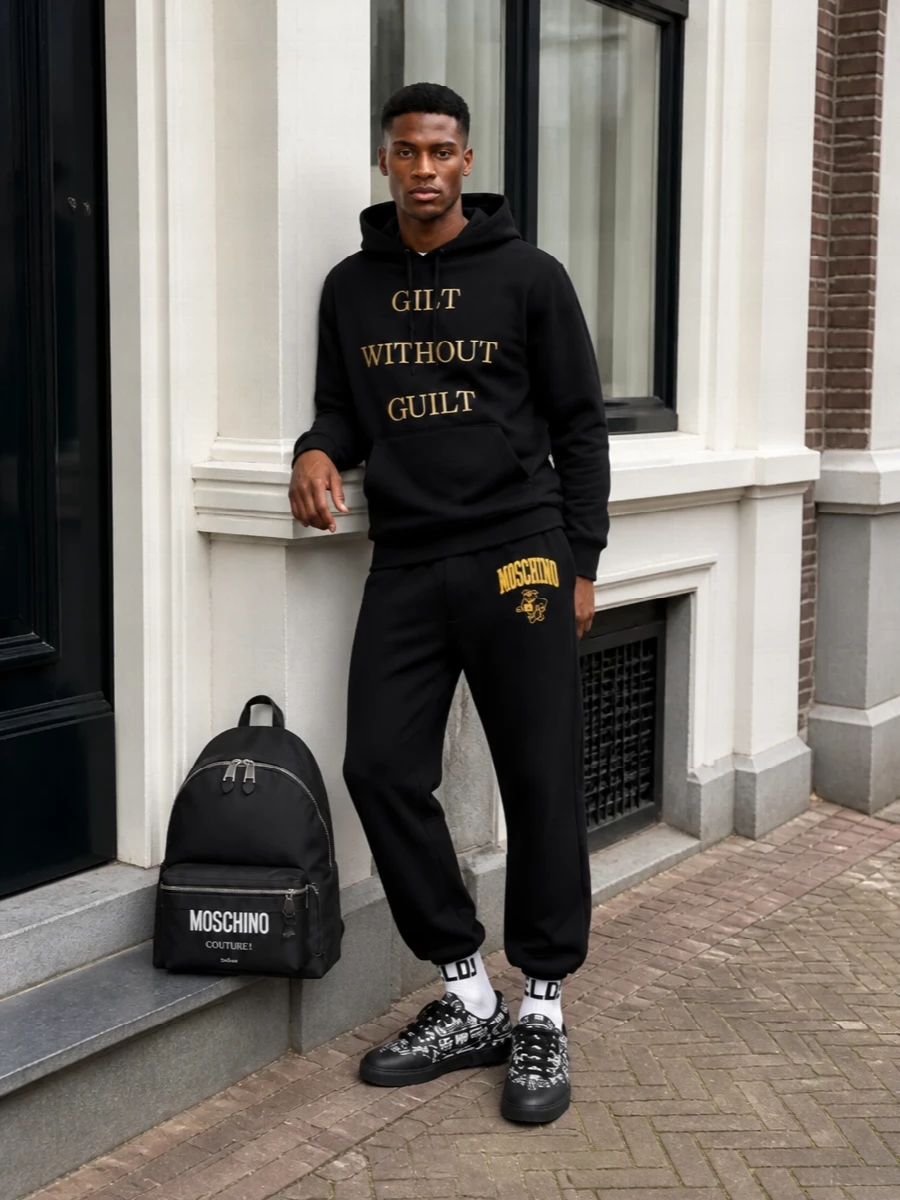 Moschino black logo hoodie joggers streetwear outfit