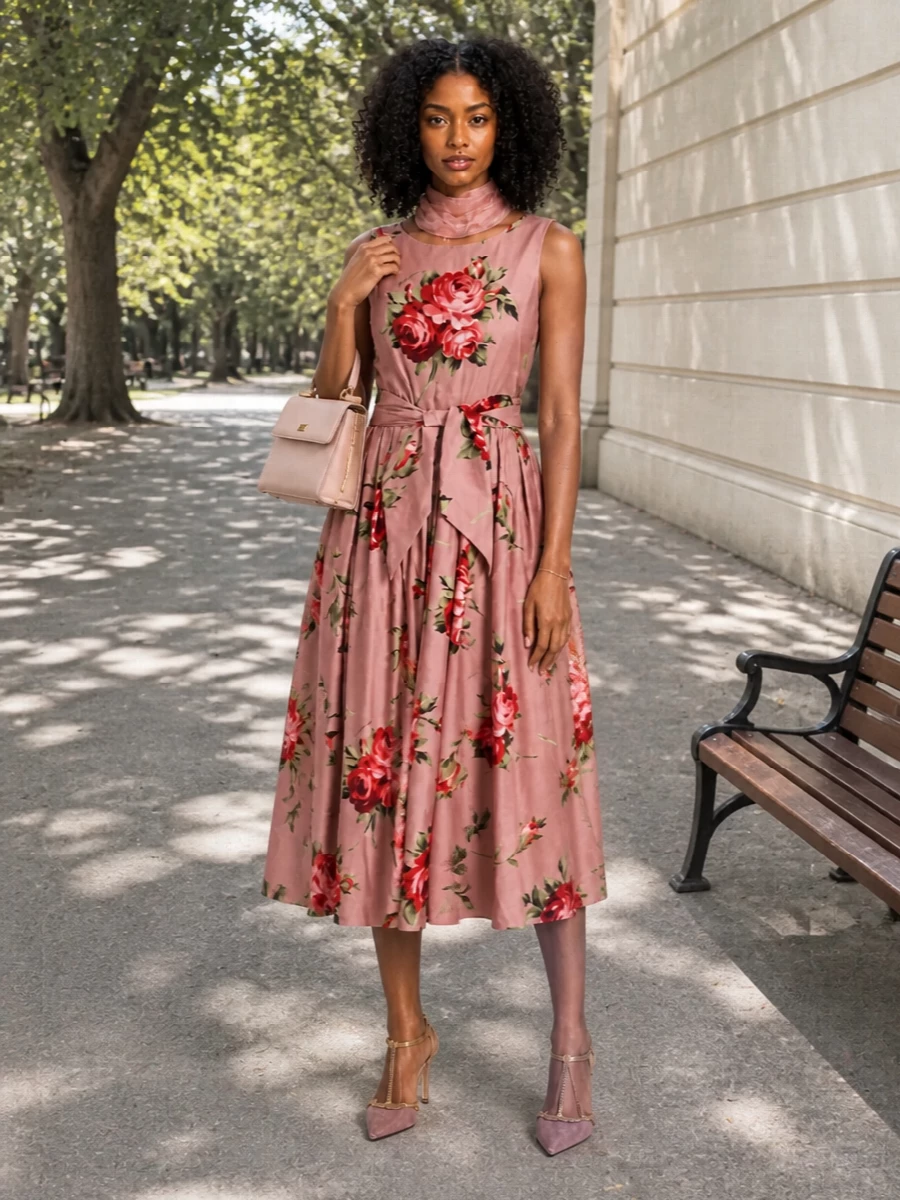 A soft Sicilian garden mood, held in dusty rose and blush, keeps the floral dress firmly in focus. Velvet heels and a structured top-handle bag quietly refine the romance, while a whisper-light gold cuff and sheer rose scarf add just enough glow and movement. It is made for summer weddings, terrace dinners and any moment where you want femininity with poise rather than drama.