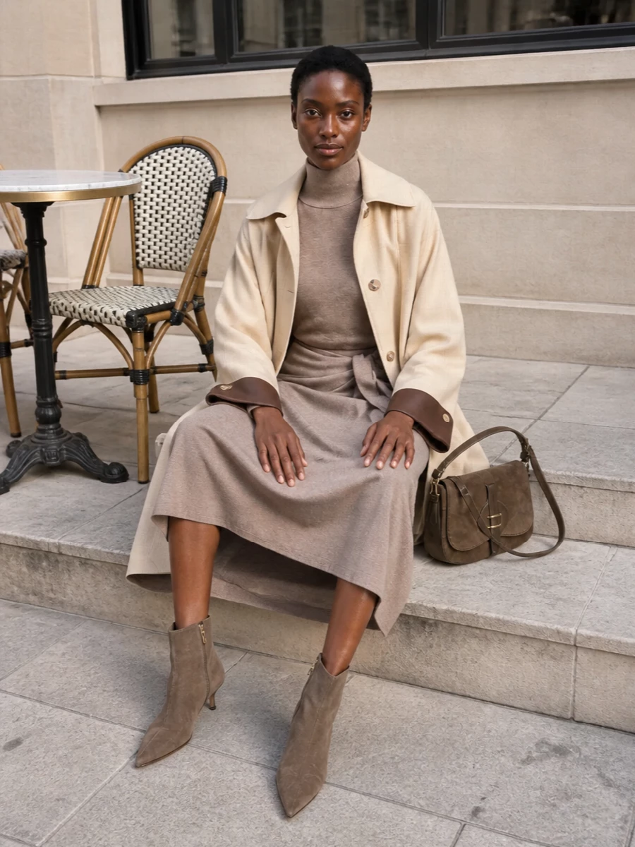 Max mara taupe knit dress beige coat outfit