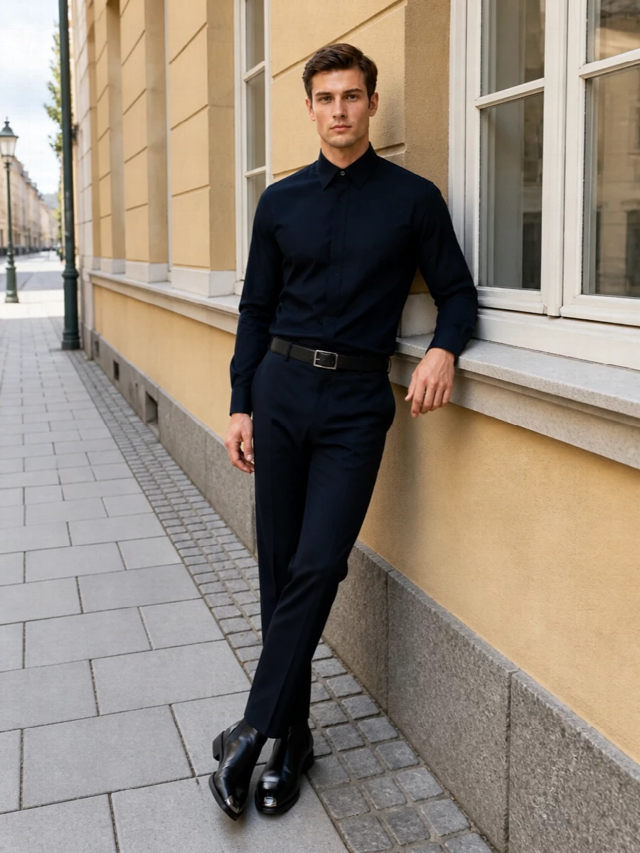Deep navy tailoring on top of slim tonal trousers creates a disciplined, near-monochrome column that reads sharp from office to late dinner. Smooth black boots and a structured tote keep the palette focused while the polished belt adds a precise metallic accent. The result is a modern, quietly assertive uniform that feels considered from every angle.