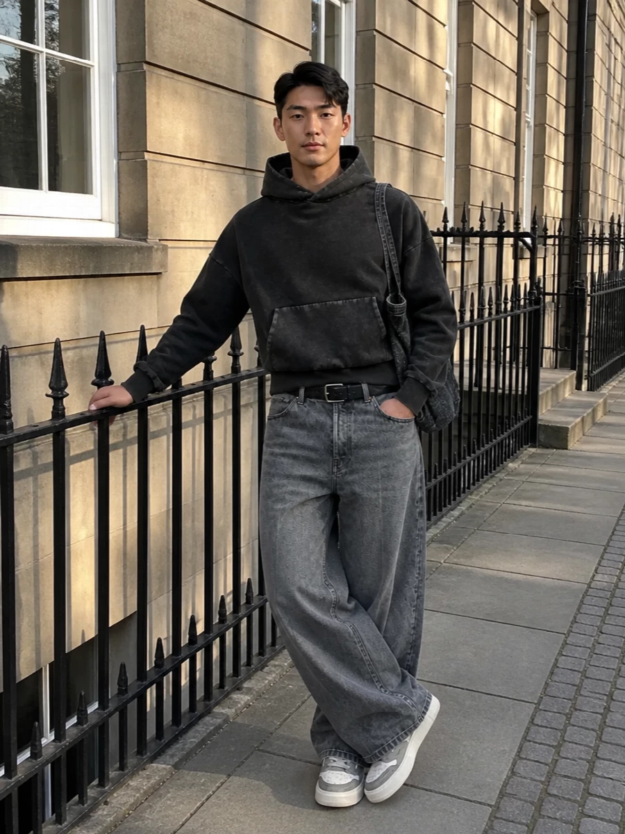 Haikure wide leg jeans grey hoodie sneakers