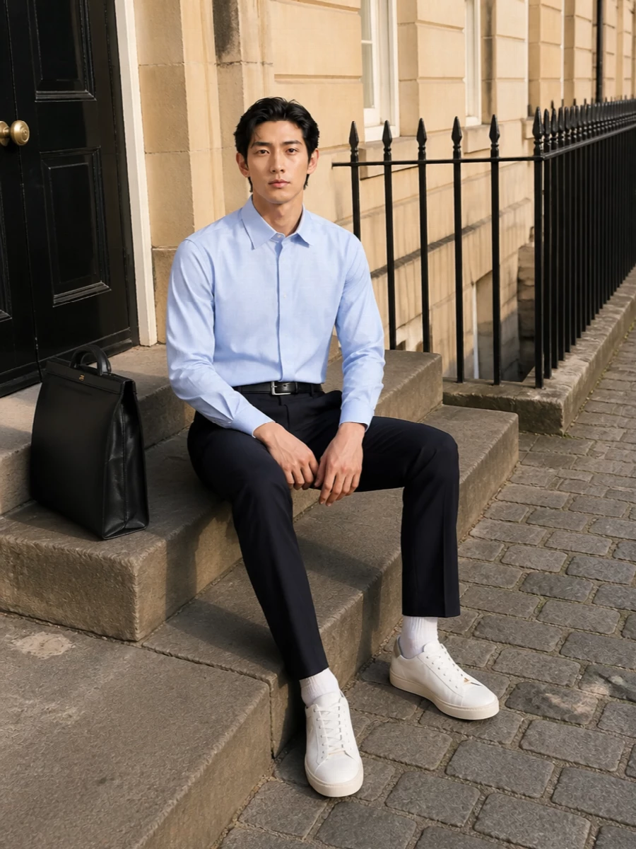 Valentino mens pale blue shirt navy trousers